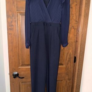 Express Blue Jumpsuit with Wrap V-Neck and Long Sleeves